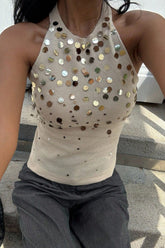 Glittering Halter Low Back Chic Slim Tank Top