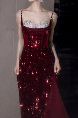 Spaghetti Strap Sequin Burgundy Glam Prom Dress