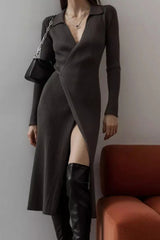 Belted Long Sleeve Solid Knit Sweater Dress