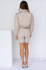 Solid Color Lapel Collar Cropped Puffer Jacket