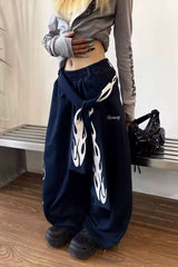 Vintage Flame Print Detachable Tie Curved Sweat Pants