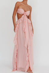 Backless Lace Up Ruffle Strapless Maxi Prom Dress
