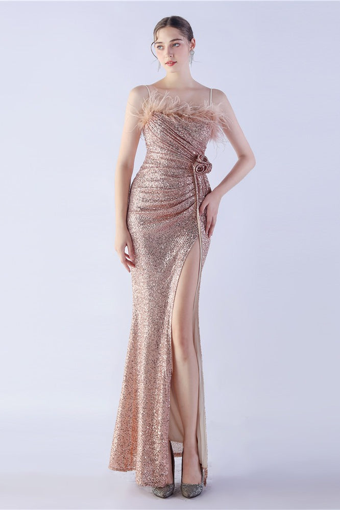 Ostrich Feather Embellished Maxi Dress