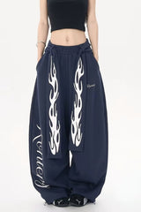 Vintage Flame Print Detachable Tie Curved Sweat Pants