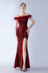 Velvet Sequin Ostrich Feather Off Shoulder Formal Dress S / Red