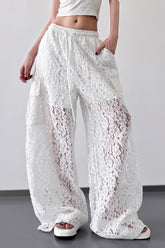 White Lace Cutout Casual Wide Leg Pants