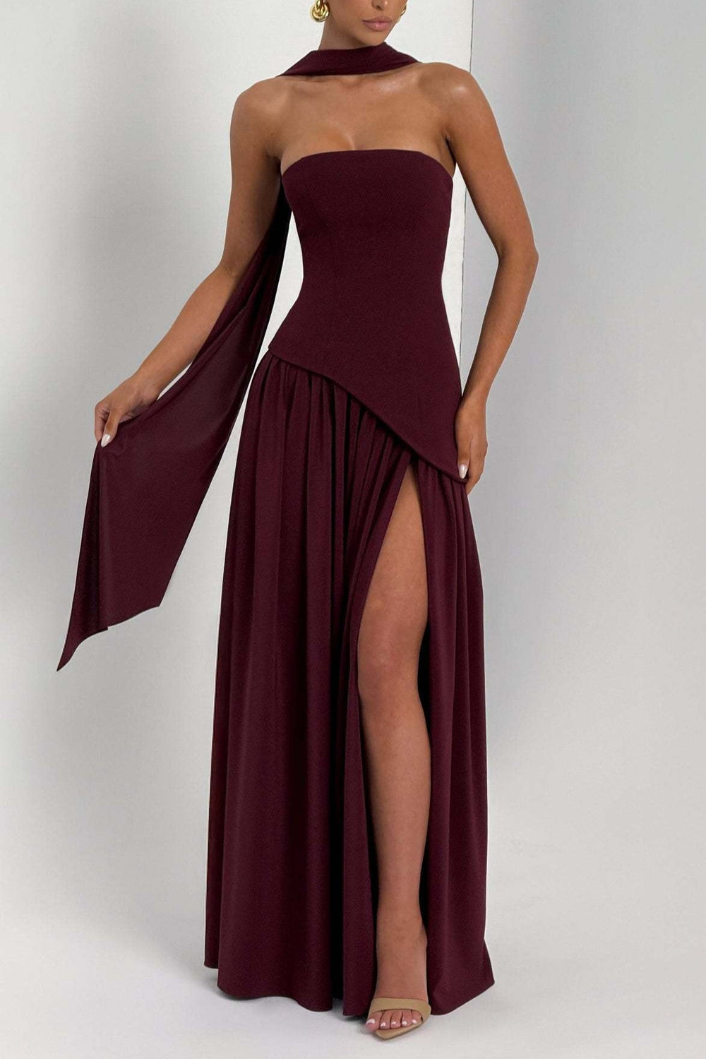 Solid Bustier High Slit Formal Dress