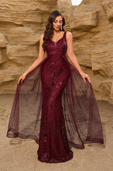 Classic Burgundy Sequin Mesh V Neck U Back Prom Dress
