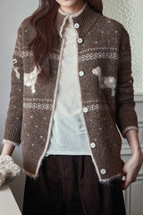 Vintage Stand Collar Puppy Print Jacquard Sweater