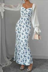 Chiffon Knit Patchwork V Neck Bodycon Floral Dress