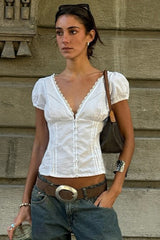 Lace Paneled V Neck Puff Short Sleeve Blouse