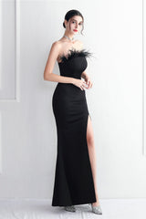Elegant Feather Trim Strapless Formal Dress S / Black