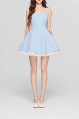 Square Neck Mesh Panel Mini Dress