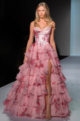 Strapless Floral Print Ruched Elegant Slim Prom Dress
