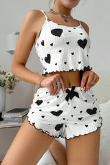 Heart Pattern Ribbed Cami Top Pajama Shorts Set