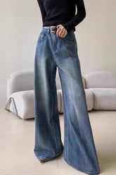 Blue Washed Casual High Waist Relaxed Long Jeans