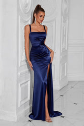 Satin Split Bodycon Party Dress XS / Navy blue