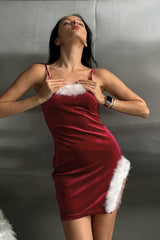 Christmas Sling Fur Trimmed High Split Sexy Velvet Dress