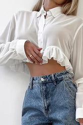 White Cropped Chiffon Ruffle Blouse