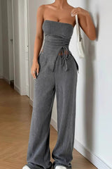 Sexy Wrap Front Split Hem Top Straight Pants Set