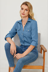 Long Sleeve Denim Lapel Blouse