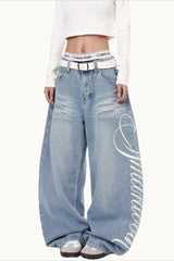 Letter Printed Slouchy Wide Leg Versatile Jeans
