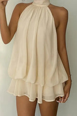 Sexy Backless Halter Tie Waist Slim Fit Ruffled Mini Dress