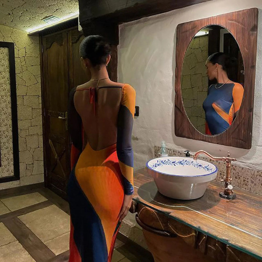 Abstract Boat Neck Long Sleeve Fishtail Maxi Dress Multicolor M / Multicolor Party Dresses L