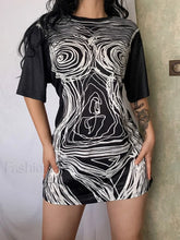 Abstract Line Print Tee Mini Dress Black / S Mini Dresses