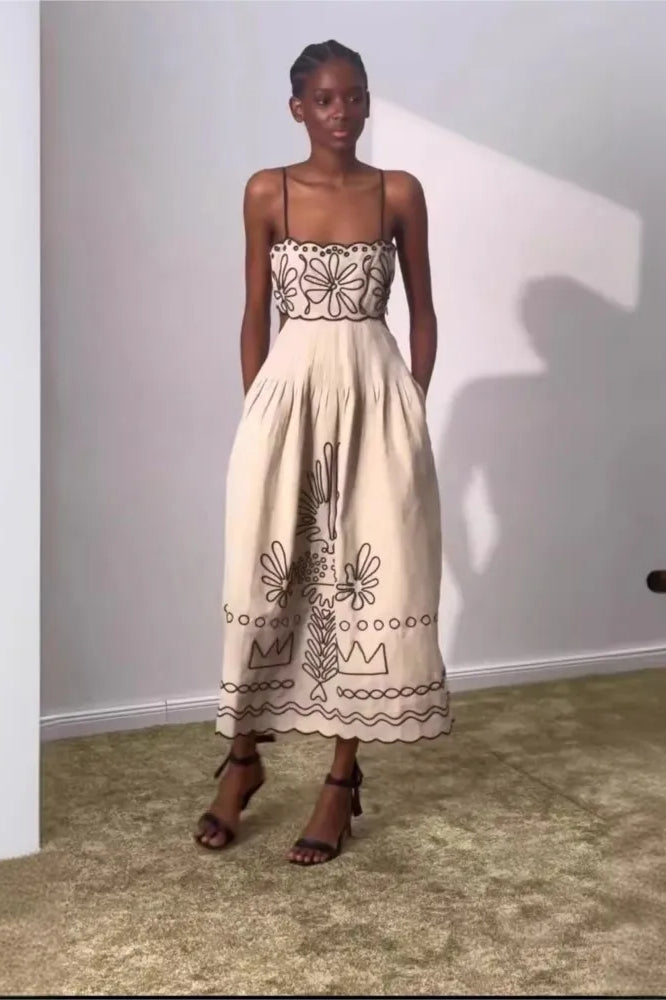 Embroidered Spaghetti Strap Boho Dress Beige / S