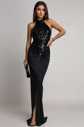 Velvet Sequin Slit Midi Bodycon Dress