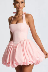 Elegant Halter Tie Bow Puffy Hem Mini Dress