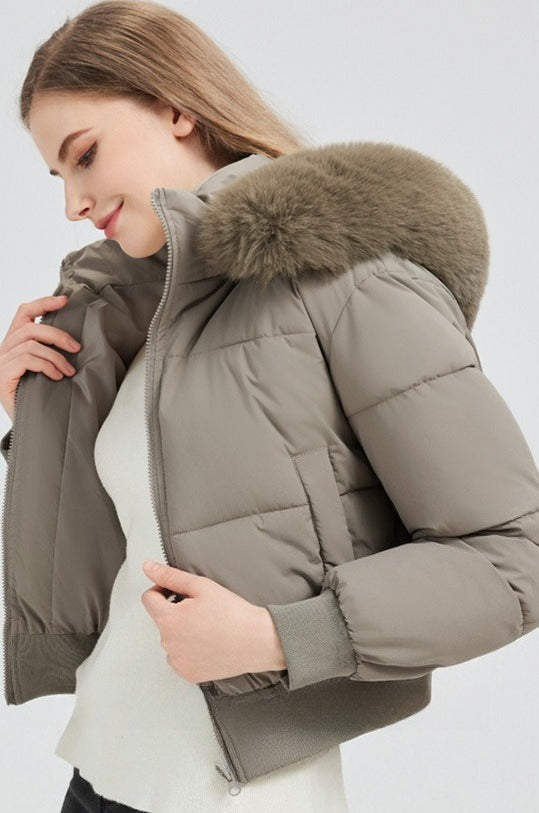 Plush Hooded Faux Fur Collar Puffer Jacket S / Khaki