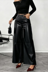High Waist Fluid Black PU Leather Wide Leg Pants