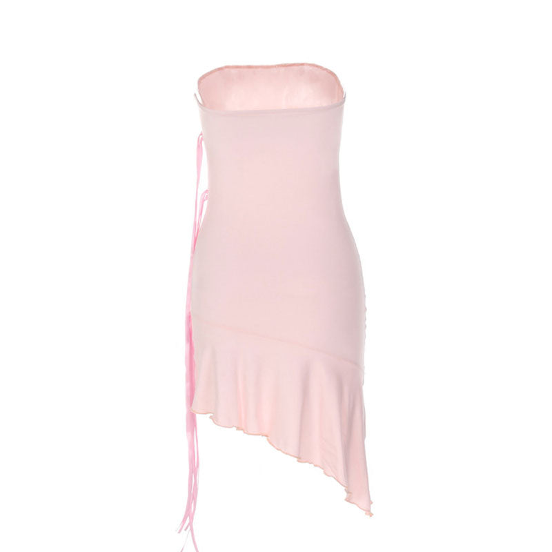 Adorable Solid Color Ribbon trim Ruffle Hem Strapless Mini Dress Pink Party Dresses L