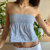 Aesthetic Gingham Smocked Tube Ruched Bandeau Crop Top blue / S
