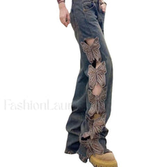 Aesthetic Side Graceful Butterflies Patchwork Jeans women clothing