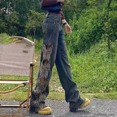 Aesthetic Side Graceful Butterflies Patchwork Jeans women clothing