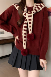 Striped Shawl Collar Pom Pom Solid Sweater