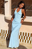Lace Halter Ruched Satin Formal Dress