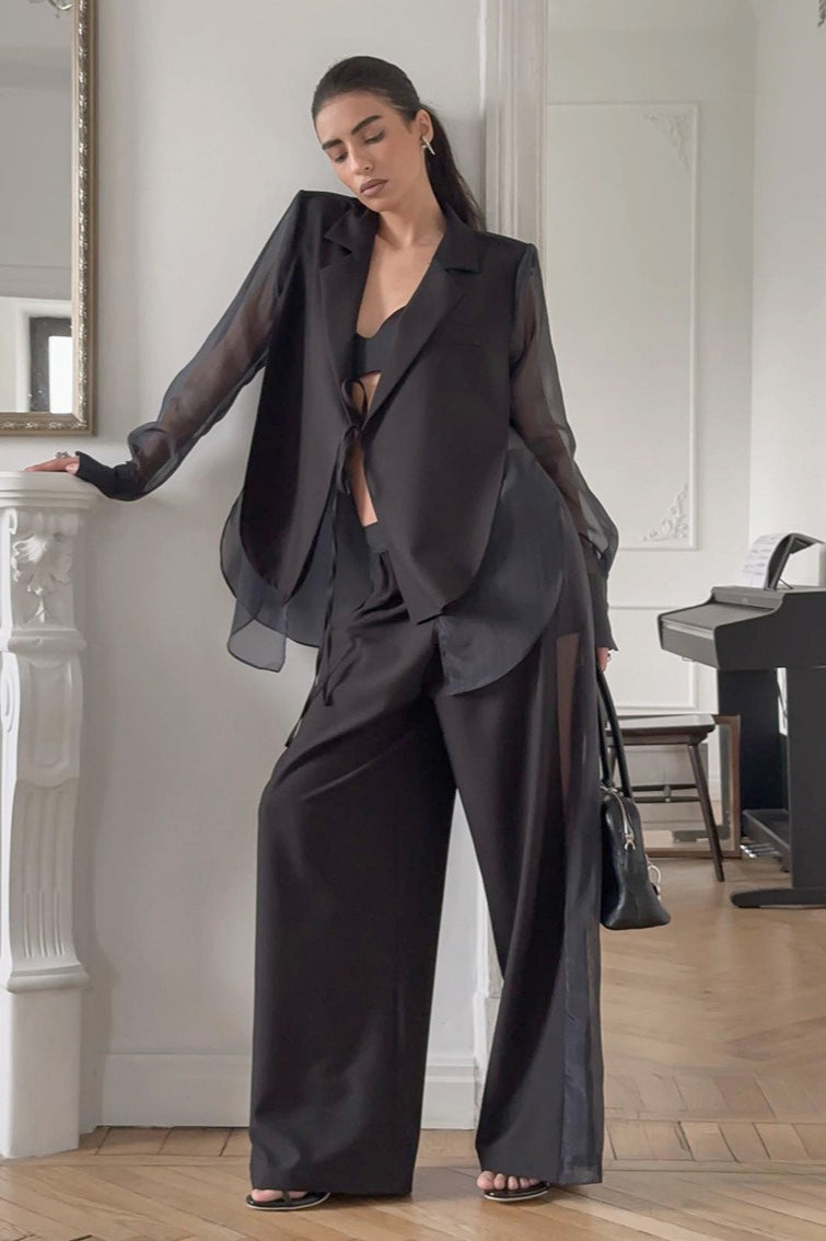 Mesh Tie Waist Wide Leg Pants Blazer S / Black