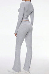 Casual V Neck Flared Stretch Two Piece Pants Set