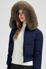 Plush Hooded Faux Fur Collar Puffer Jacket S / Navy blue