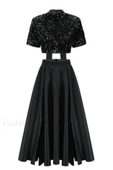 Aisha Sequin Bow Charming Lace Up Set S / Black