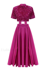 Aisha Sequin Bow Charming Lace Up Set S / Fuchsia