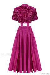 Aisha Sequin Bow Charming Lace Up Set S / Fuchsia