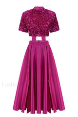 Aisha Sequin Bow Charming Lace Up Set S / Fuchsia