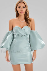 Alexandrine Puff Stylish Sleeve Mini Dress S / Aqua