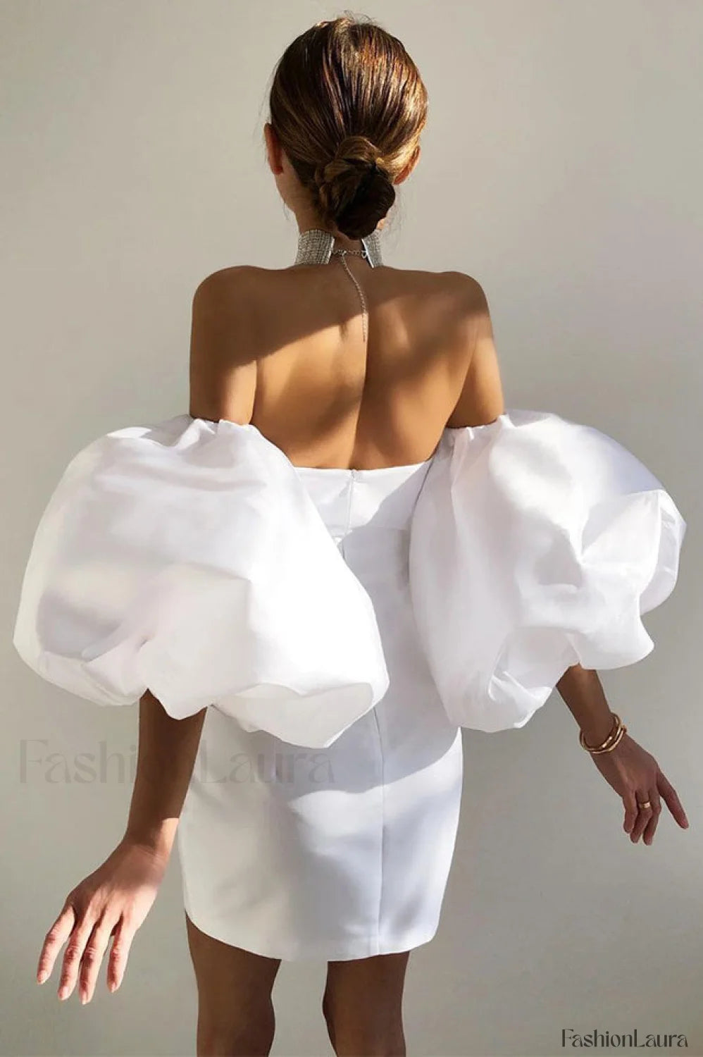 Alexandrine Puff Stylish Sleeve Mini Dress S / White