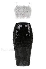 Aleyna Feather Top Charming + Sequin Skirt Set